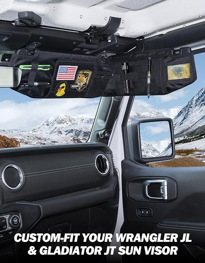 JOYTUTUS Sun Visor Organizer Compatible with 2018-2026 Wrangler JL & Gladiator JT Passenger's Side, Front Tactical Visor Storage Cover Molle Webbing Visor Storage Holder Pouch, Multi-Pocket Net Zipper