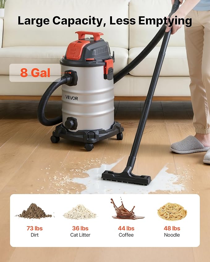 VEVOR Shop Vac, 8 Gallon Wet Dry Shop Vacuum, 6 Peak HP with One-Button Self-Cleaning, Dual-Filter, 900W Input Power, 1.25in 