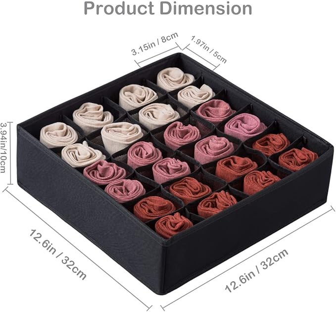 Qozary 2 Pack Socks Underwear Drawer Organizer Divider, 24 Cell or 16 Cell Collapsible Cabinet Closet Organizer Storage Boxes
