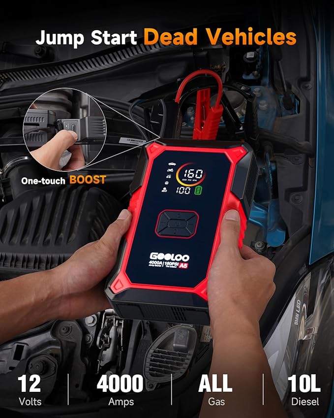 GOOLOO A5 Jump Starter with Air Compressor, 4000A Car Battery Jump Starter (All Gas/10.0L Diesel) with 160PSI Tire Inflator