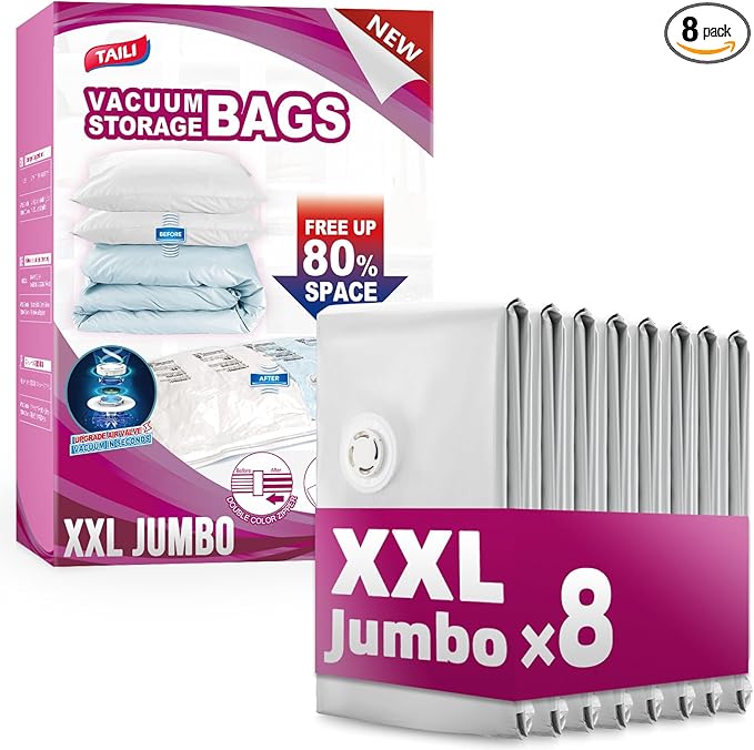 TAILI 8 Pack Vacuum Storage Bags, XXL Jumbo (47x39 Inch), Vacuum Sealed Bags for Comforter and Blankets, Bedding, Clothing, G