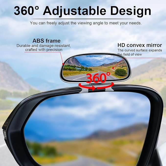 LivTee Clip on Blind Spot Mirror, HD Glass Frameless Convex Rear View Mirrors Exterior Accessories with Wide Angle Adjustable Stick for Car SUV and Trucks, Silver
