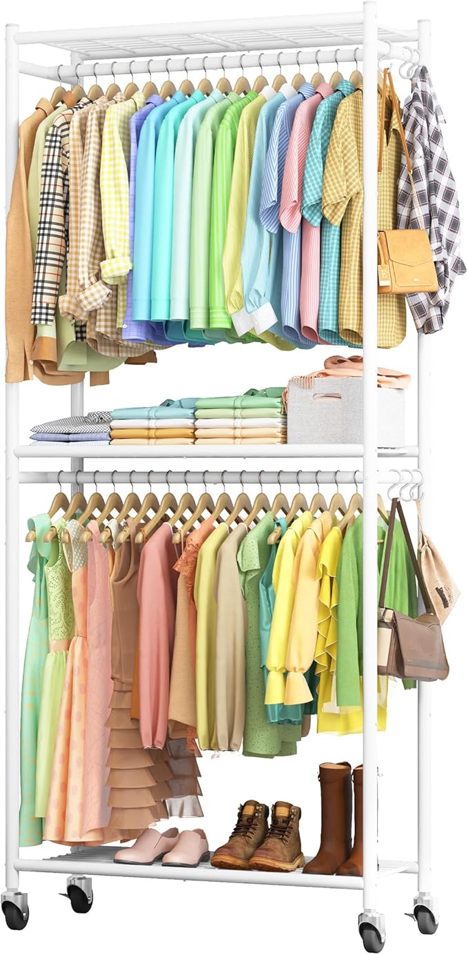 Sakugi Clothes Rack - 33.0" x 12.2" x 79.5" Clothing Rack with Shelves & Wheels, Multi-Functional Wardrobe Closet with Hooks,