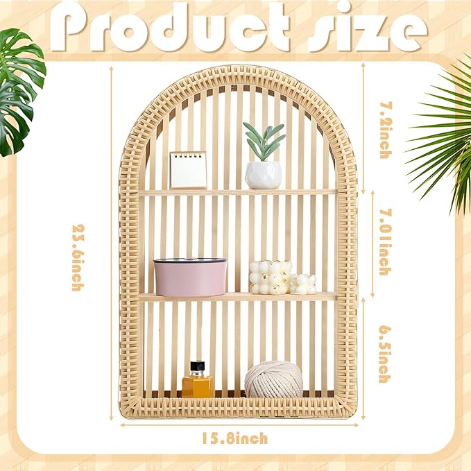 Rattan Wall Shelf 3 Tier Boho Wall Mounted Shelf 15.75" x 23.62" Farmhouse Handcraft Bamboo Arched Floating Shelves for Livin