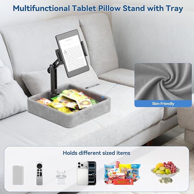 KDD Tablet Pillow Holder - Multi-Angle Adjustable iPad Stand for Lap, Bed and Desk - Foldable Kindle Soft Pad Dock with Storage Tray Compatible with iPad Pro 12.9, Air Mini, Phone, E-Reader