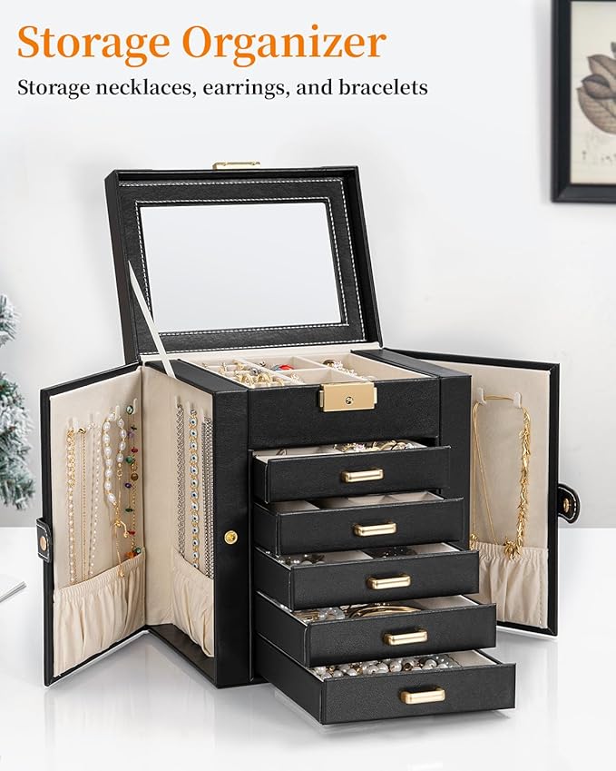 TORIBIO Large Jewelry Box for Women, Leather Jewelry Organizer with Mirror & Lock, 6-Tier Jewelry Storage Case for Girls/Wome