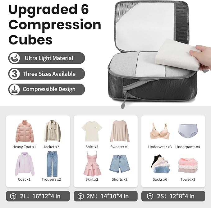Compression Packing Cubes for Travel, Lightweight Vacation Travel Essentials, Travel Accessories for Suitcase Organizer Bags 