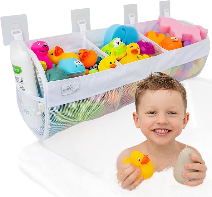 Comfylife Large Bath Toy Organizer – 3 Compartment Bath Toy Holder for Bathtub & Shower – Quick-Dry Mesh with 4 Strong Adhesi