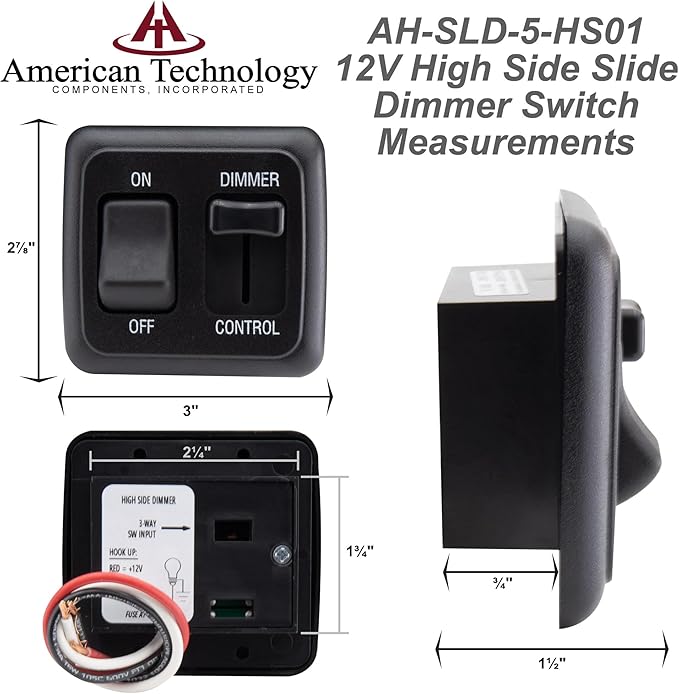 12 Volt DC Dimmer Switch for LED, Halogen, Incandescent - RV, Auto, Truck, Marine, and Strip Lighting (Large Slider, Black)