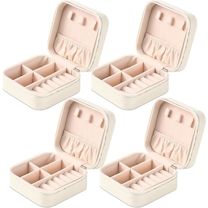 Neveika Portable Travel Mini Jewelry Box Leather Jewellery Ring Organizer Case Storage Gift Box Girls Women (4pcs White).