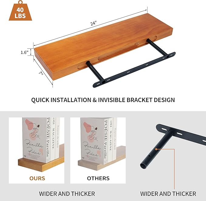 Floating Shelves for Wall 24 Inch Solid Real Wood Shelves Set of 2 Rustic Farmhouse Wall Mounted Wood Shelf for Bedroom Livin