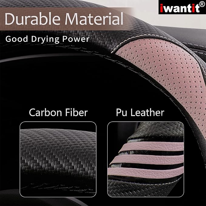 Iwantit® Steering Wheel Covers with Carbon Fiber, Universal Fit 14.5-15 inches for Cars,SUV (Romantic Pink)
