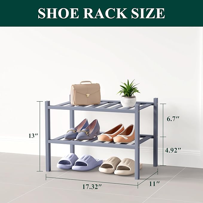 Smiry Bamboo Shoe Rack for Closet, 2 Tier Small Wooden Stackable Shoe Organizer, Free Standing Shoes Storage Shelf for Entryw