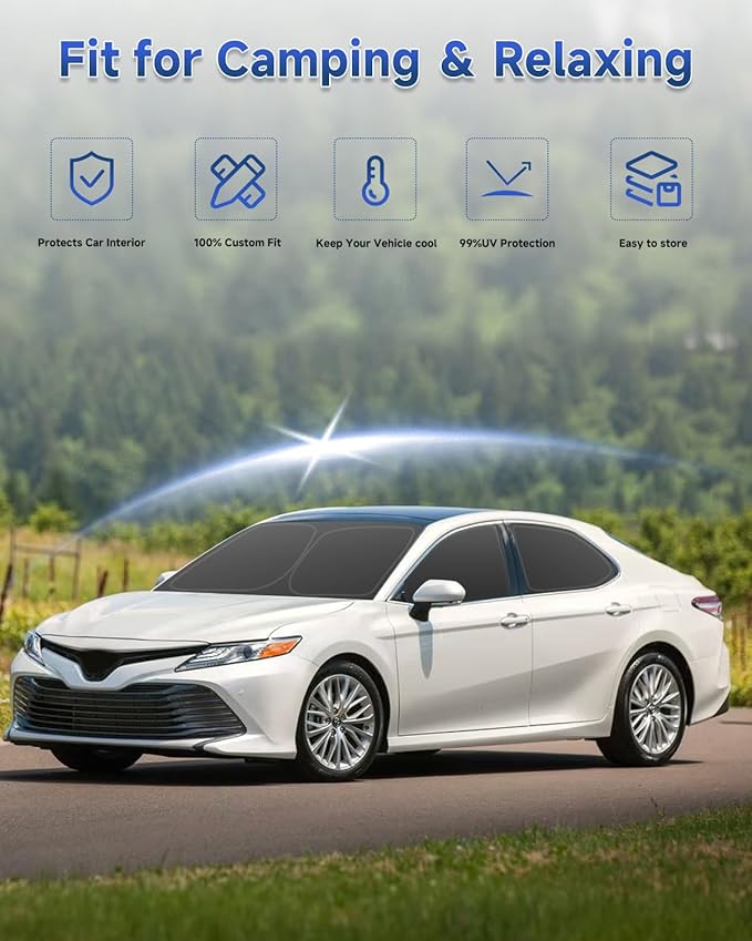 6PCS Window Shades for Toyota Camry(2018-2024) Accessories – Full Coverage Sun Shade for Side Windows, Rear Triangular & Windshield – UV Protection & Privacy for Camping, Napping, Relaxing