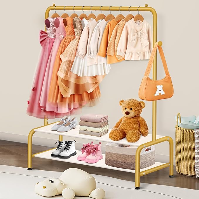 Kids Gold Clothing Rack - Dress Up Clothes Rack - Baby Toddler Closet - Freestanding Coat Racks with 2 Fabric Shelves - Small