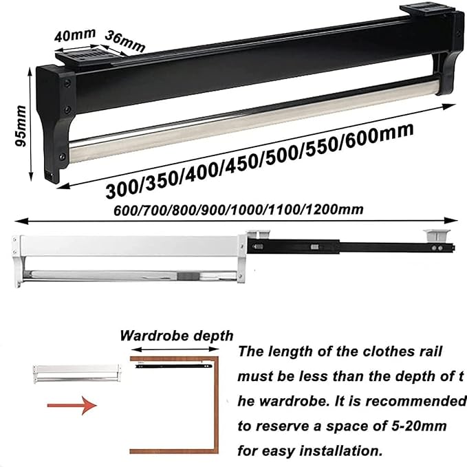 Extendable Clothes Rail - Sliding Wardrobe Closet Rod, 25-45Cm Pull-Out Clothes Rail, Extendable Wardrobe Rail In Steel, Top 