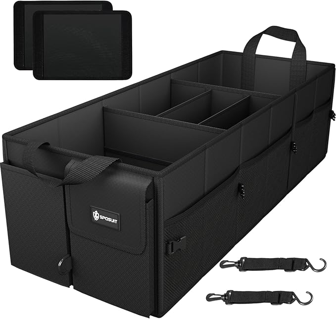 Sposuit Extra Large Trunk Organizer 98L Collapsible Car Storage Trunk Organizer with Removable Dividers & Adjustable Securing