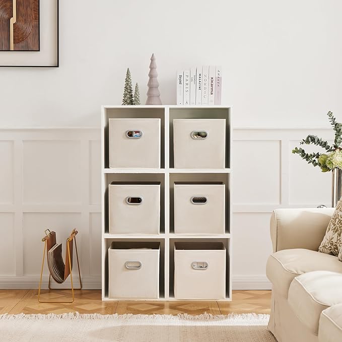 MAX Houser 6 Pack Foldable Fabric Storage Bins with Handles - Ideal for Closet Organization, Bedroom and Nursery（ Beige, 12"x