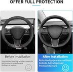Hand Sewn Microfiber Leather Steering Wheel Cover, Stitch Steering Wheel Wrap Set for Original Tesla Model 3 2017-2023/Model Y 2020-2023 Juniper/Highland Accessories (A)