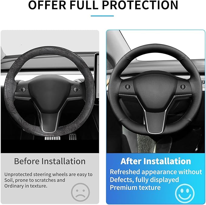 Hand Sewn Microfiber Leather Steering Wheel Cover, Stitch Steering Wheel Wrap Set for Original Tesla Model 3 2017-2023/Model Y 2020-2023 Juniper/Highland Accessories (A)
