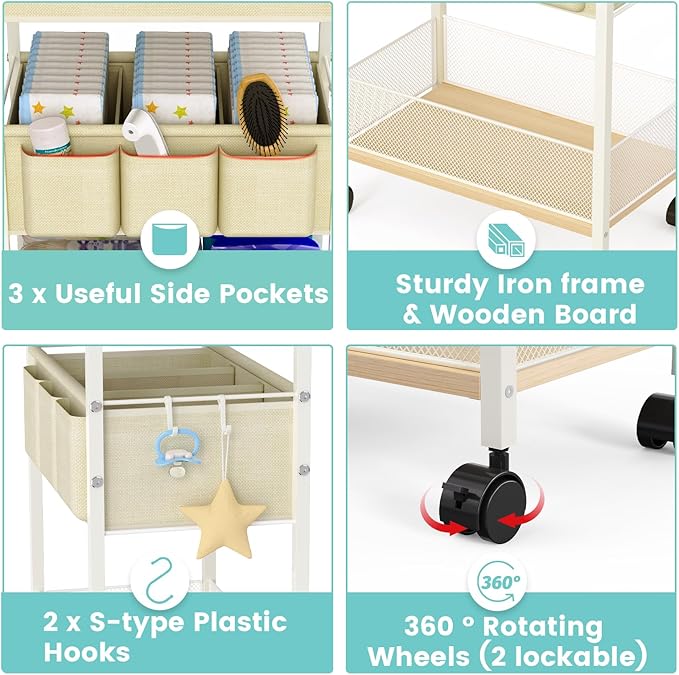 2In1 Baby Diaper Caddy & 3-Tier Rolling Cart, Diaper Caddy Organizer Carts with Dividers, Mobile Metal Utility Cart for Nurse