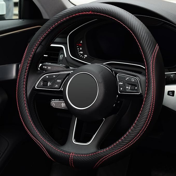 LABBYWAY Microfiber Leather Auto Car Steering Wheel Cover, Universal Fit 15 Inch Anti-Slip Wheel Protector, Black