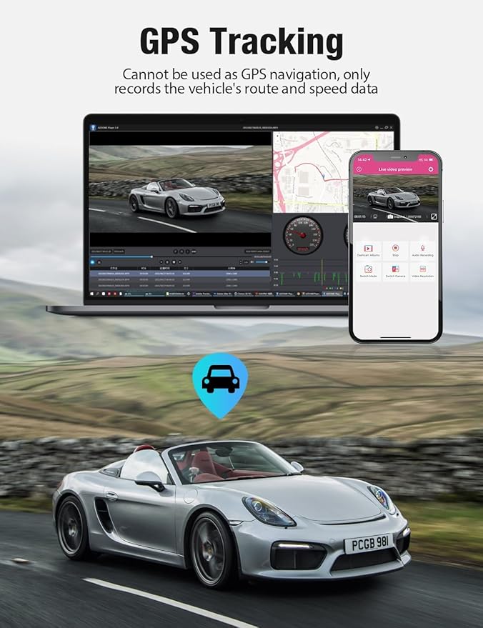 OMBAR Dash Cam 5G WiFi GPS, 3 Channel Dash Cam Front and Rear Inside 2K+1080P+1080P, 3.18" LCD Screen, 64GB Card Included, Du