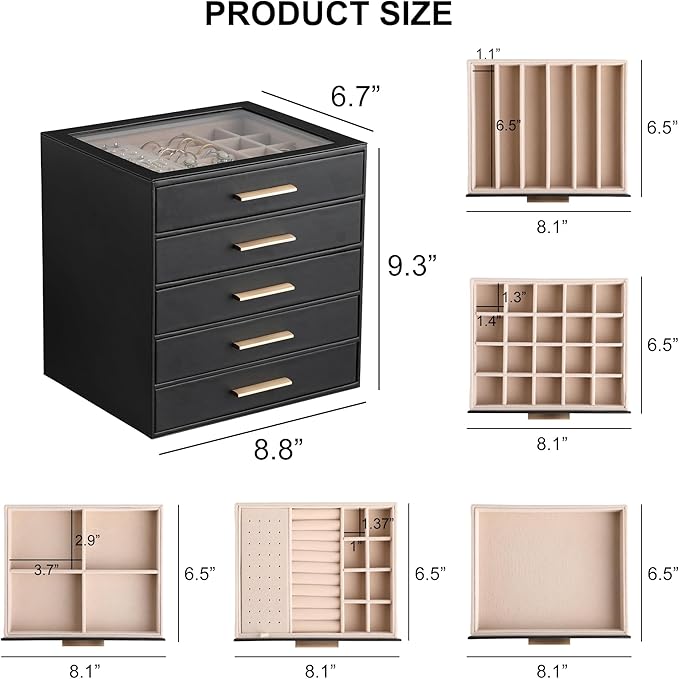 Frebeauty Clear Lid Jewelry Box,5-Layer Jewelry Organizer with Drawer,PU Leather Jewelry Organizers and Storage,Jewelry Boxes