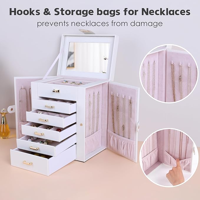 Kendal Jewelry Box, 6-Layer Jewelry Storage Organizer for Necklace Bracelet Rings Watch, 10.2"x8.2"x6" Classic PU Leather 5 D