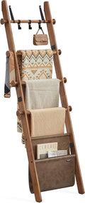 VASAGLE Blanket Ladder for Living Room, 5-Tier Wooden Ladder Shelf, Decorative Farmhouse Blanket Rack with Synthetic Leather 