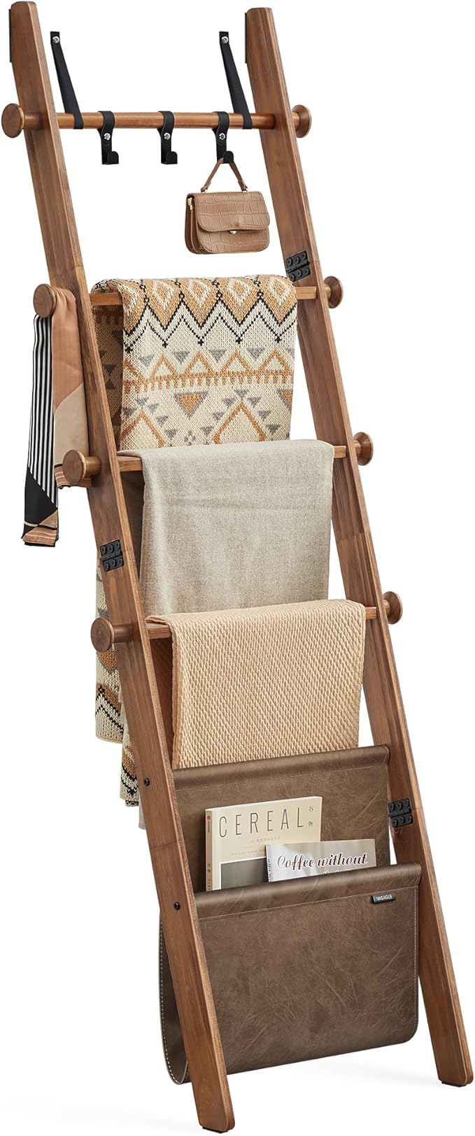 VASAGLE Blanket Ladder for Living Room, 5-Tier Wooden Ladder Shelf, Decorative Farmhouse Blanket Rack with Synthetic Leather 