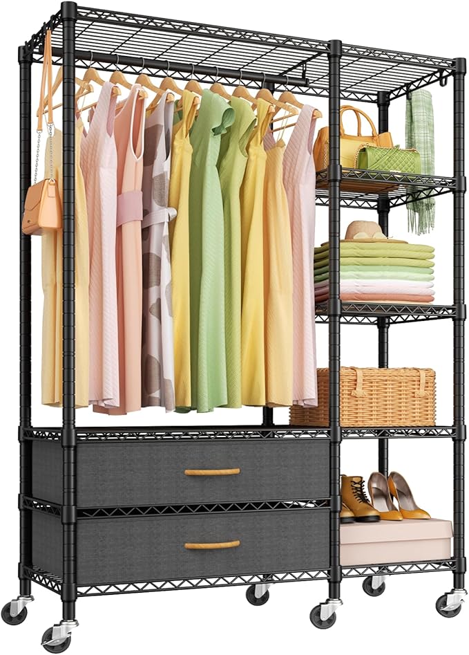 Ulif F3R Heavy Duty Clothes Rack（With Lockable Wheels）Freestanding Clothing Racks for Hanging Clothes，Adjustable Closet Organ