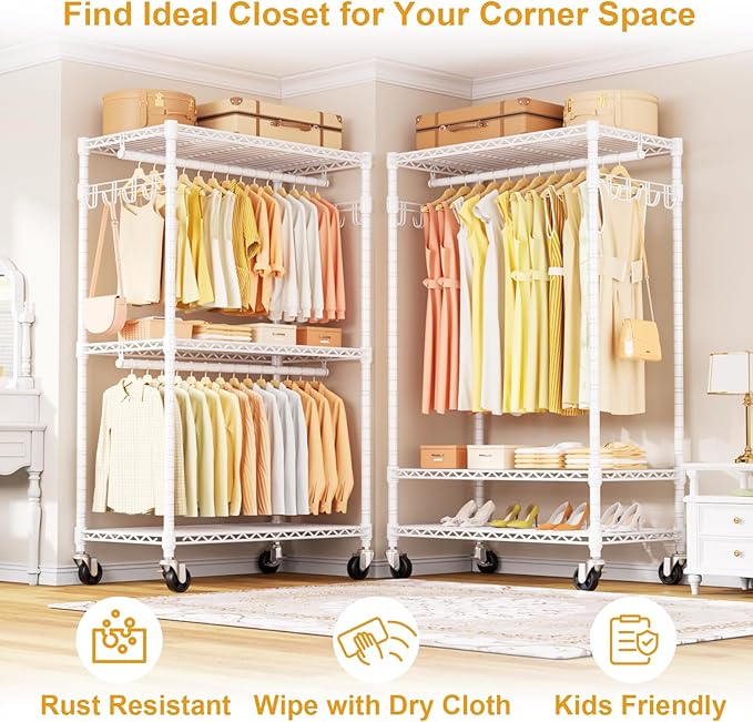 ULIFHOME P1 Rolling Clothes Rack Heavy Duty, Metal Closet Clothing Rack with Lockable Wheels, Portable Wardrobe Closet for Ha