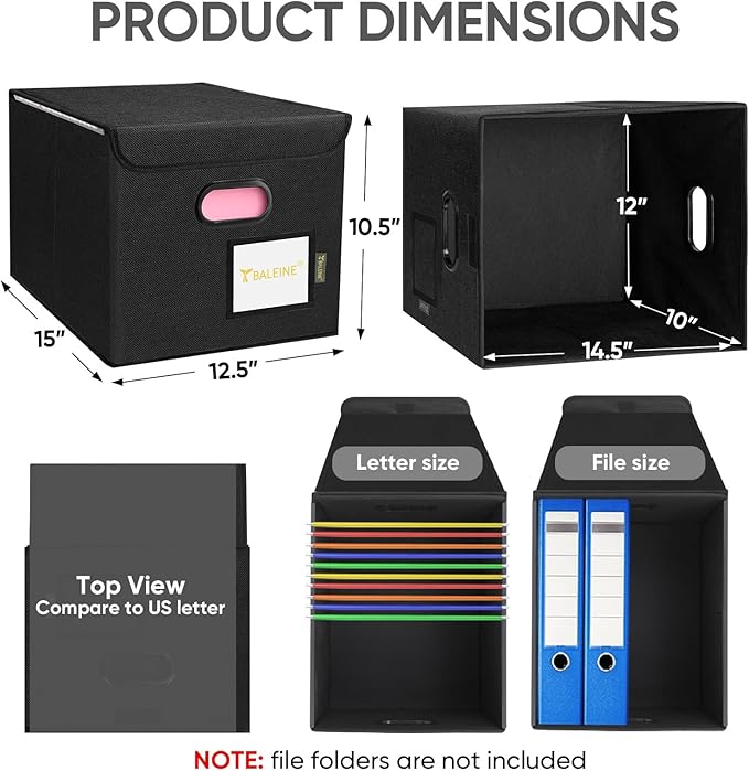 BALEINE File Organizer Box with Lid, Collapsible File Folder Organizer with Plastic Slide, Hanging File Folder Box for Office