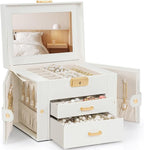 TORIBIO Jewelry Box for Women, Leather Jewelry Organizer with Mirror & Lock, 3-Tier Jewelry Storage Organizer with 2 Drawers 