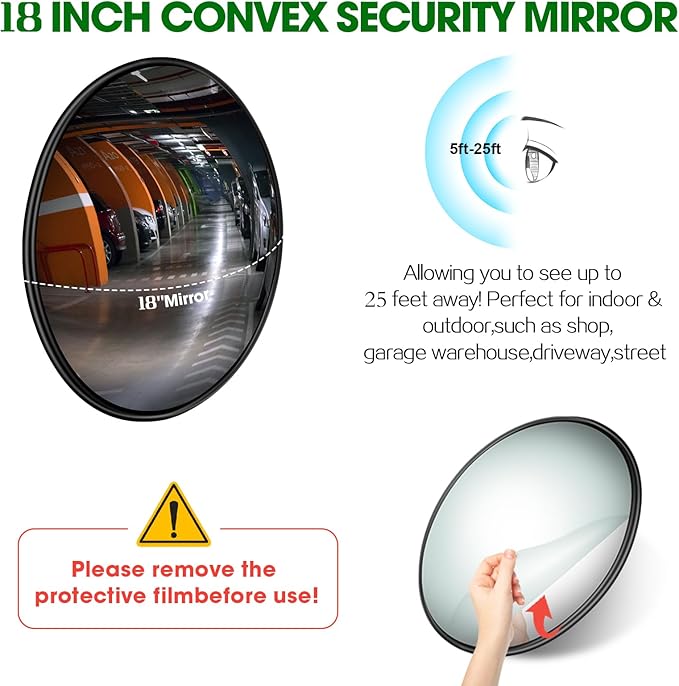 Convex Traffic Mirror - 18'' Outdoor and Indoor Driveway & Security Parabolic Safety Mirrors, Acrylic Convex Mirror for Garage, Retail Stores, Warehouses, Office and High-Traffic Areas