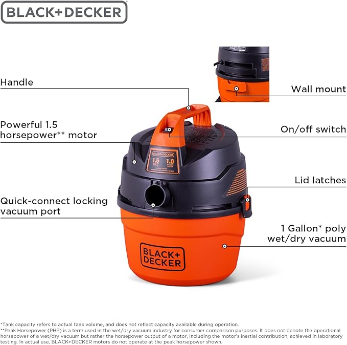 BLACK+DECKER Shop Vacuum Wet and Dry, Small Shop Vac with Accessories, 1 Gallon 1.5 Peak HP, Wall Mount Mini Vacuum for Garag