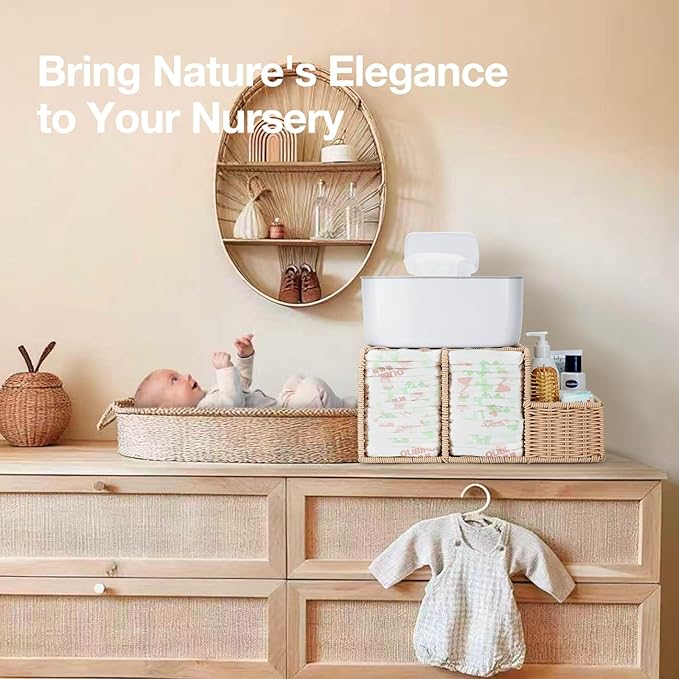 Diaper Caddy Organizer, Hand Rattan Nursery Storage Basket for Baby Essentials, Baby Changing Table Organizer Perfect Nursery