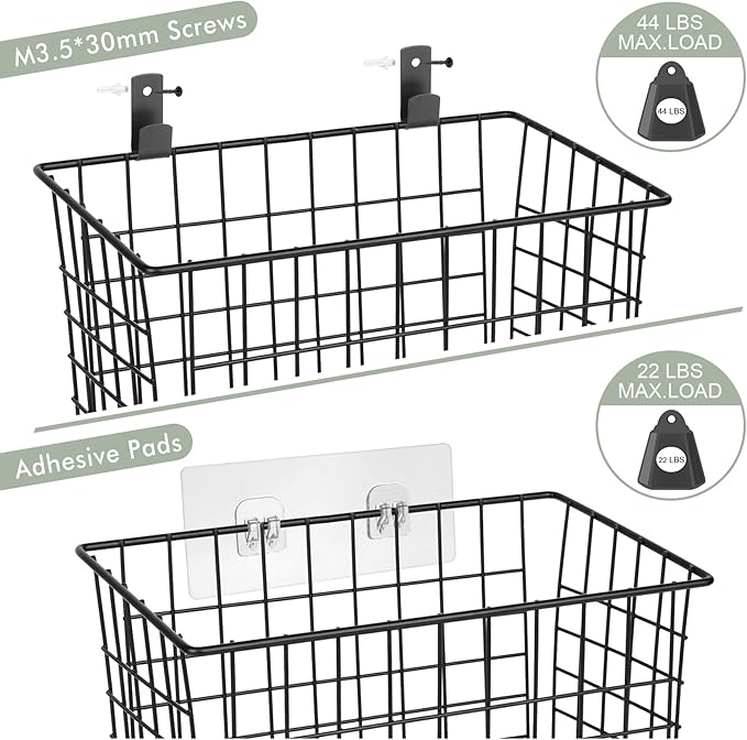Wall Hanging Baskets 3 Pack, Diversified Wire Basket Shelves of Wooden Style, with Wall Mounted Hooks & Traceless Stickers, f