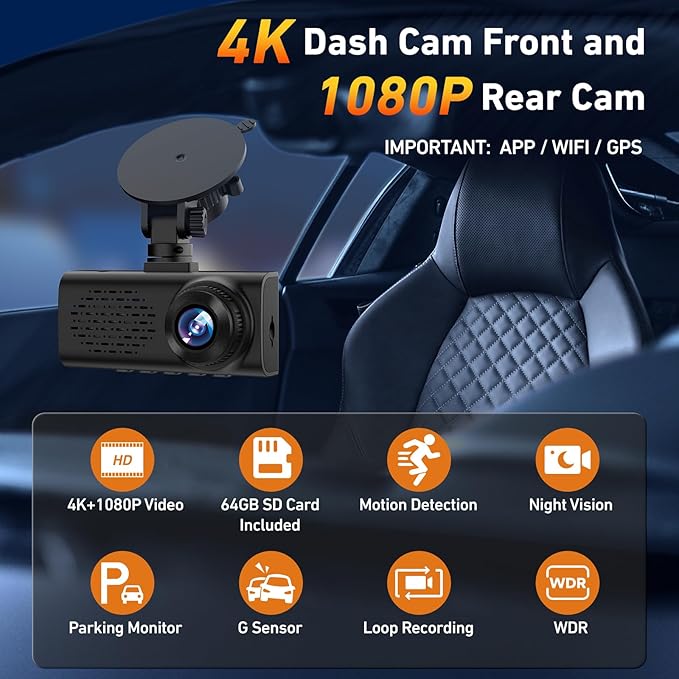 4K Dash Cam Front and Rear, 4K+1080P Dashcam, Dash Camera for Cars with 5GHz WiFi & App Control, GPS, 64GB Card, 24H Parking 