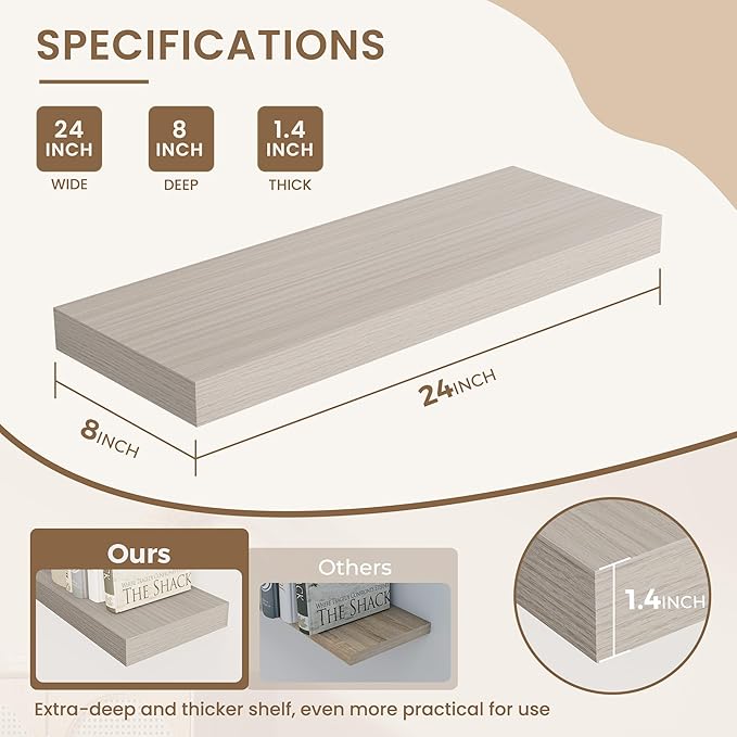 Dreamland 24 Inches Floating Shelves for Wall, 8" Deep Long Floating Shelves Set of 2, Large Display & Storage Shelf, Wall Sh