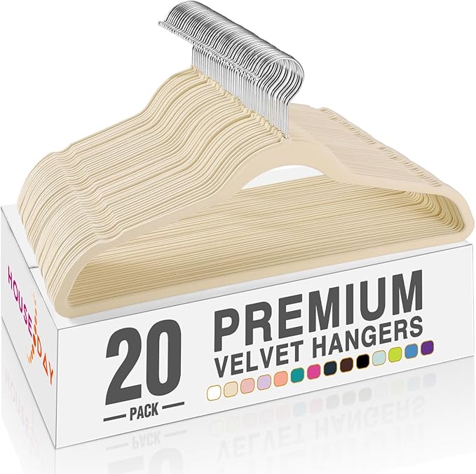 HOUSE DAY Beige Velvet Hangers 20 Pack, Non Slip Clothes Felt Hanger Heavy Duty for Coat, Premium Slim Space Saving Suit Hang