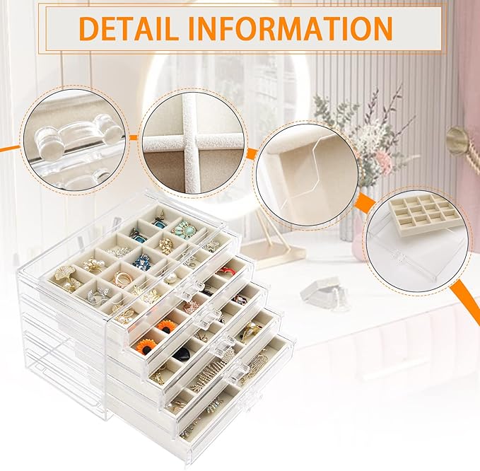 Watpot Acrylic Jewelry Box with 5 Drawers, Clear Earring Storage Organizer Display Case for Women Girls, Beige