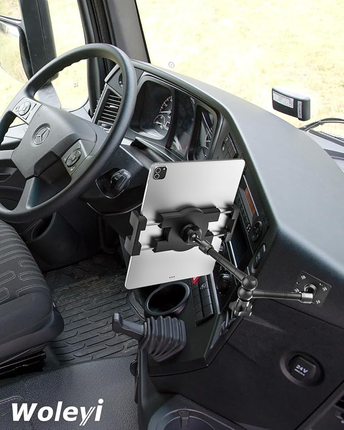 woleyi Drill Base Tablet Mount for Truck - [Metal Long Arm] Heavy Duty Truck Tablet Holder Dashboard Car Mount for Commercial Vehicles, Semi Trucks, for 4.7-13" iPad Pro, Air, Mini, Galaxy Tab, Z Fold