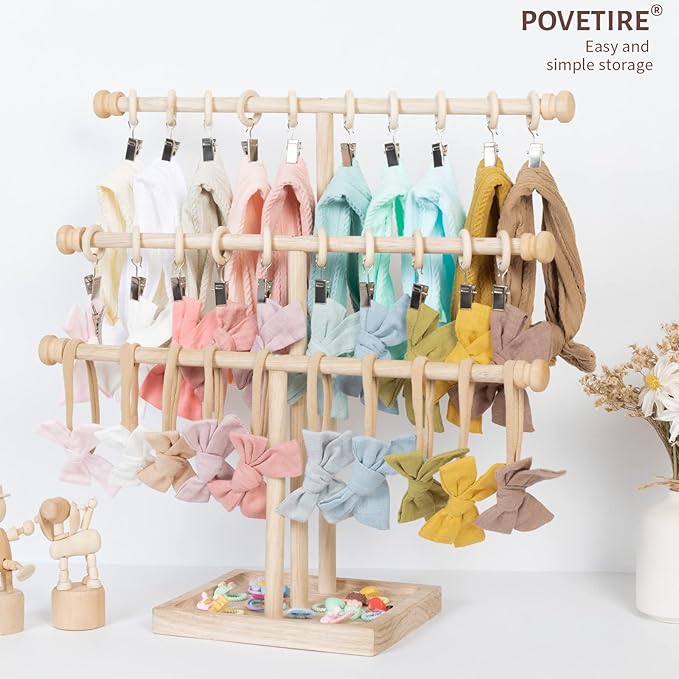 POVETIRE Headband Holder Stand Storage for Baby, 3 Tier Wooden Bow Organizer for Girls Hair Bows, Infant Hair Accessories Rac