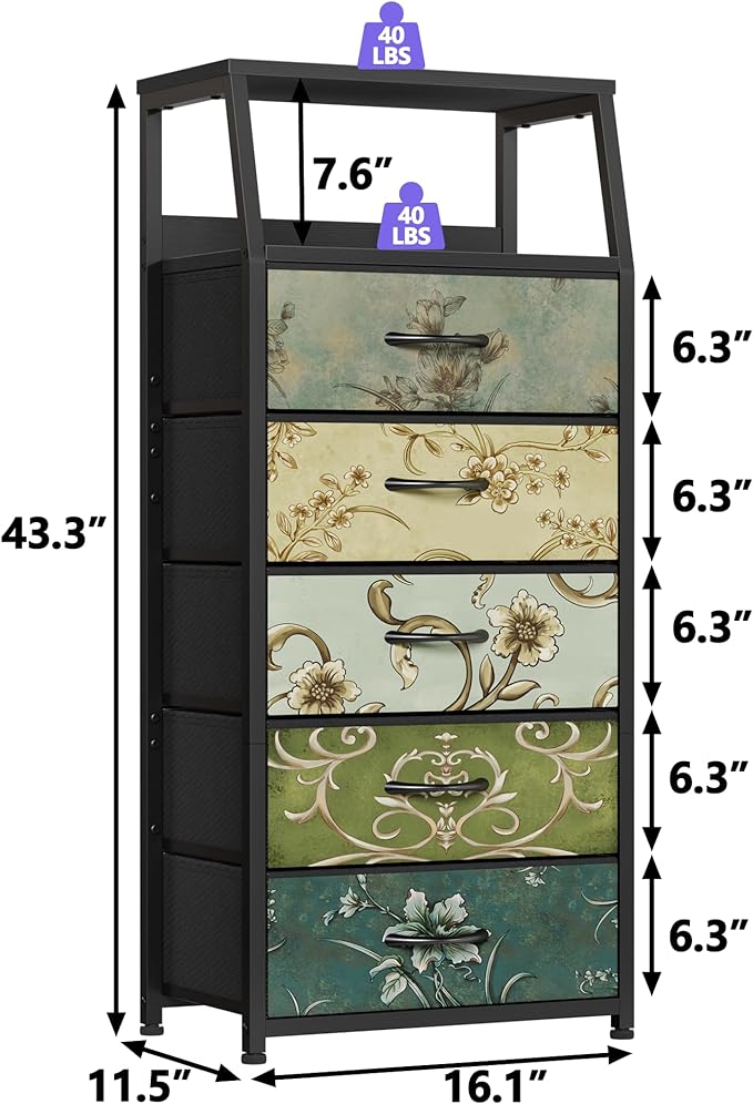 Furnulem Retro 5 Drawers Dresser, Tall Dressers for Bedroom, Closet, Hallway, Nursery, Fabric Storage Tower Organizer, Vertic
