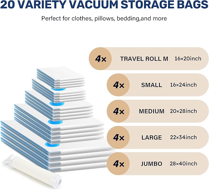 Simple Deluxe 20 Pack Space Saver Bags (4 Jumbo/4 Large/4 Medium/4 Small/4 Roll M) Vacuum Storage Bags, Vacuum Seal Bags with