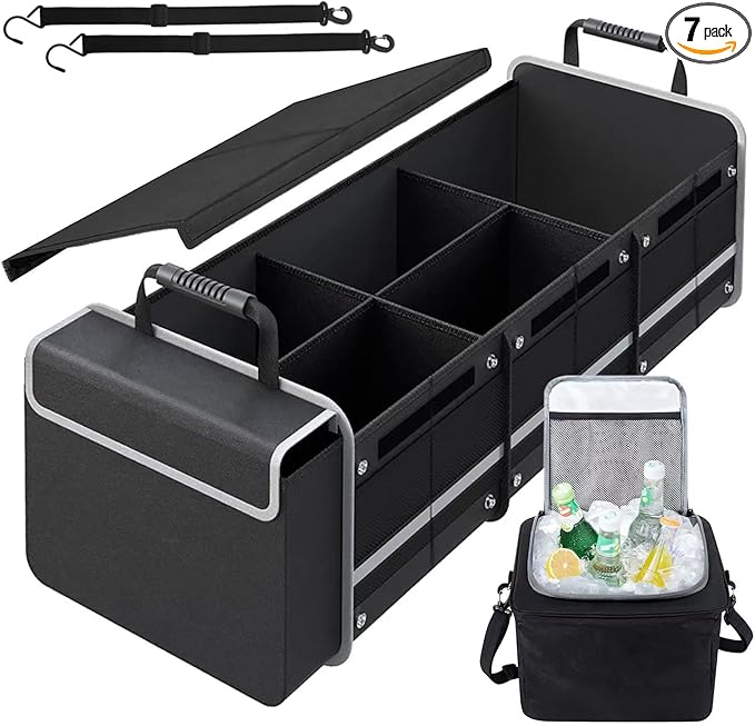 Car Trunk Organizer with Insulated Cooler Bag, Foldable Waterproof Storage Organizer with Lid for SUV, Truck, Sedan - 4 Large