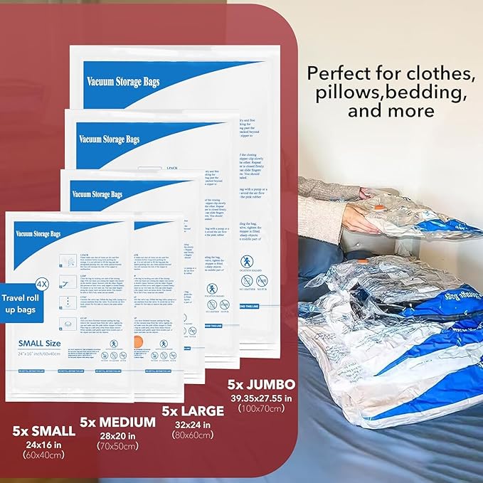 36 Pack Vacuum seal bags for clothing With Coldless Pump,Vacuum Storage Bags, Space Saver Sealer Bags, Pillows, Comforters, B