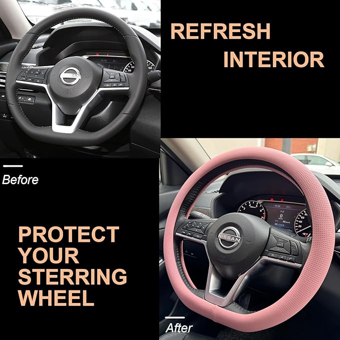 PINCTROT D Shaped Nappa Leather Steering Wheel Cover, Slim Fit No Bulk Design, One Piece Leather with Breathable Perforation,